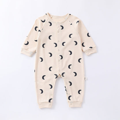 Spring Moon/Dogs Print Crew Neck Single Breasted Comfy Rompers-3