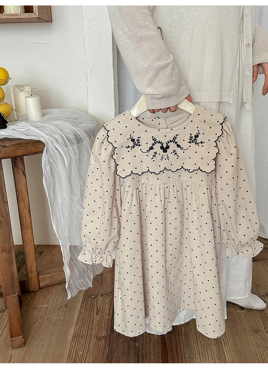 Arrival Autumn Girls Vintage Crew Neck Long Sleeves Dots Print and Flowers Embroidery Pattern Dress