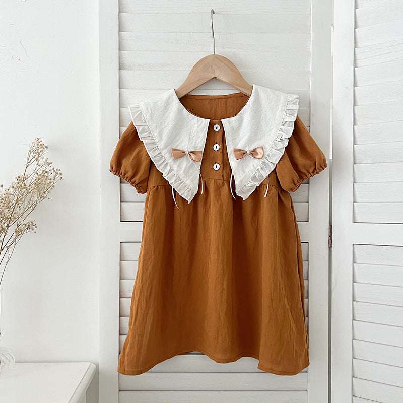 New Arrival Summer Girls Vintage Countryside Double-Bow Collar Short Sleeves Dress