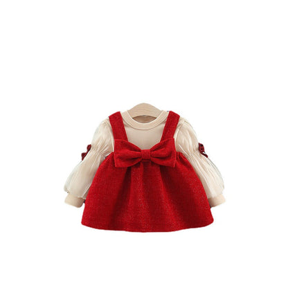 Autumn and Winter Arrival Baby Girls Long Sleeves Crew Neck Top and Overalls Dress-3