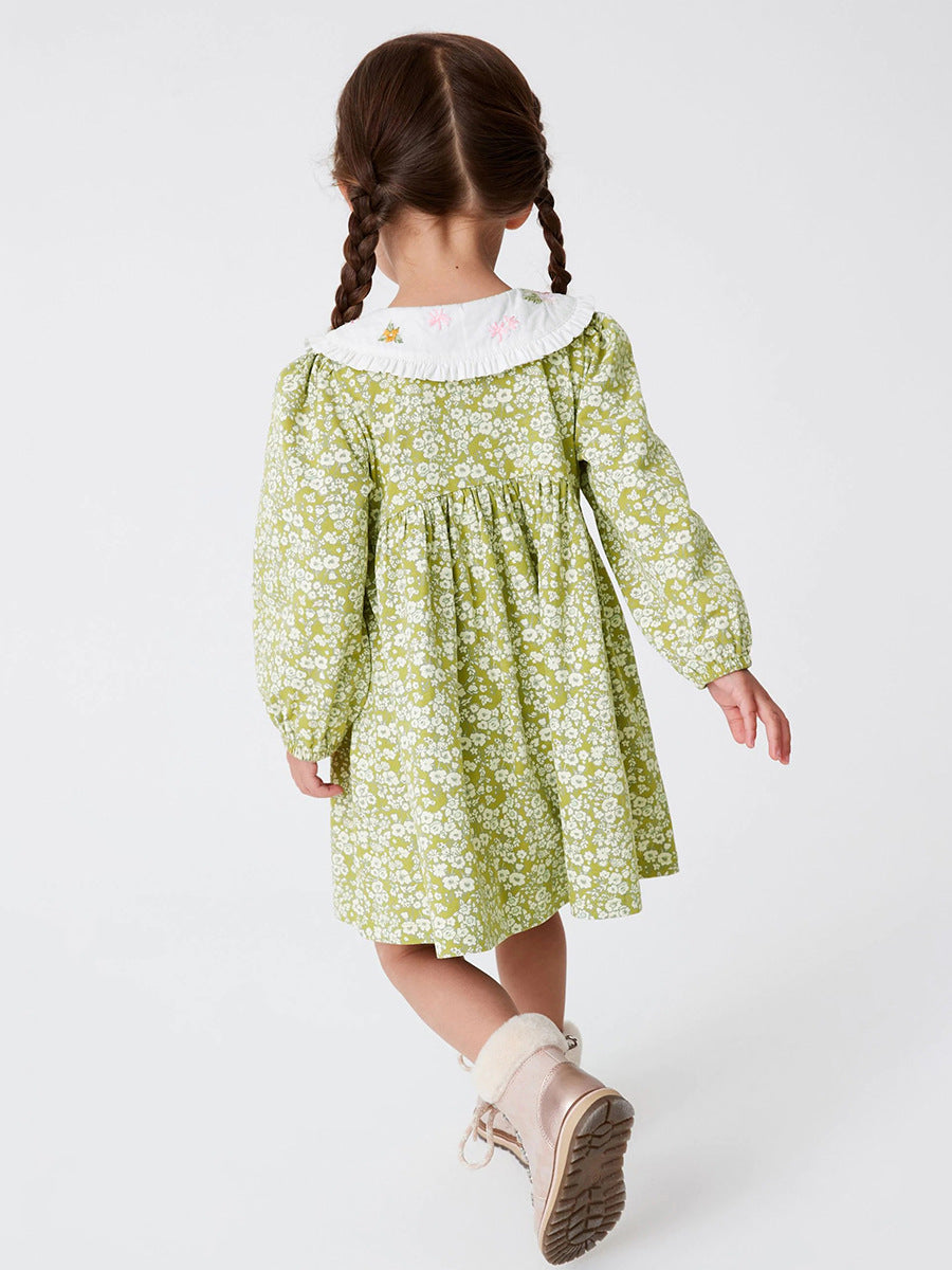 Arrival Autumn Girls Floral Print Embroidered Peter Pan Collar Long Sleeves Princess Dress