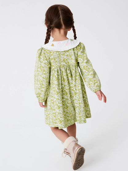 Arrival Autumn Girls Floral Print Embroidered Peter Pan Collar Long Sleeves Princess Dress