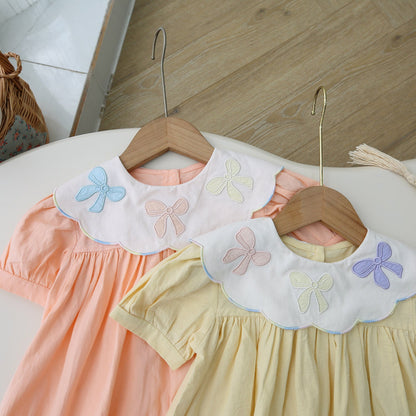 New Arrival Summer Kids Girls Colorful Bows Pattern Collar Short Sleeves Striped Dress