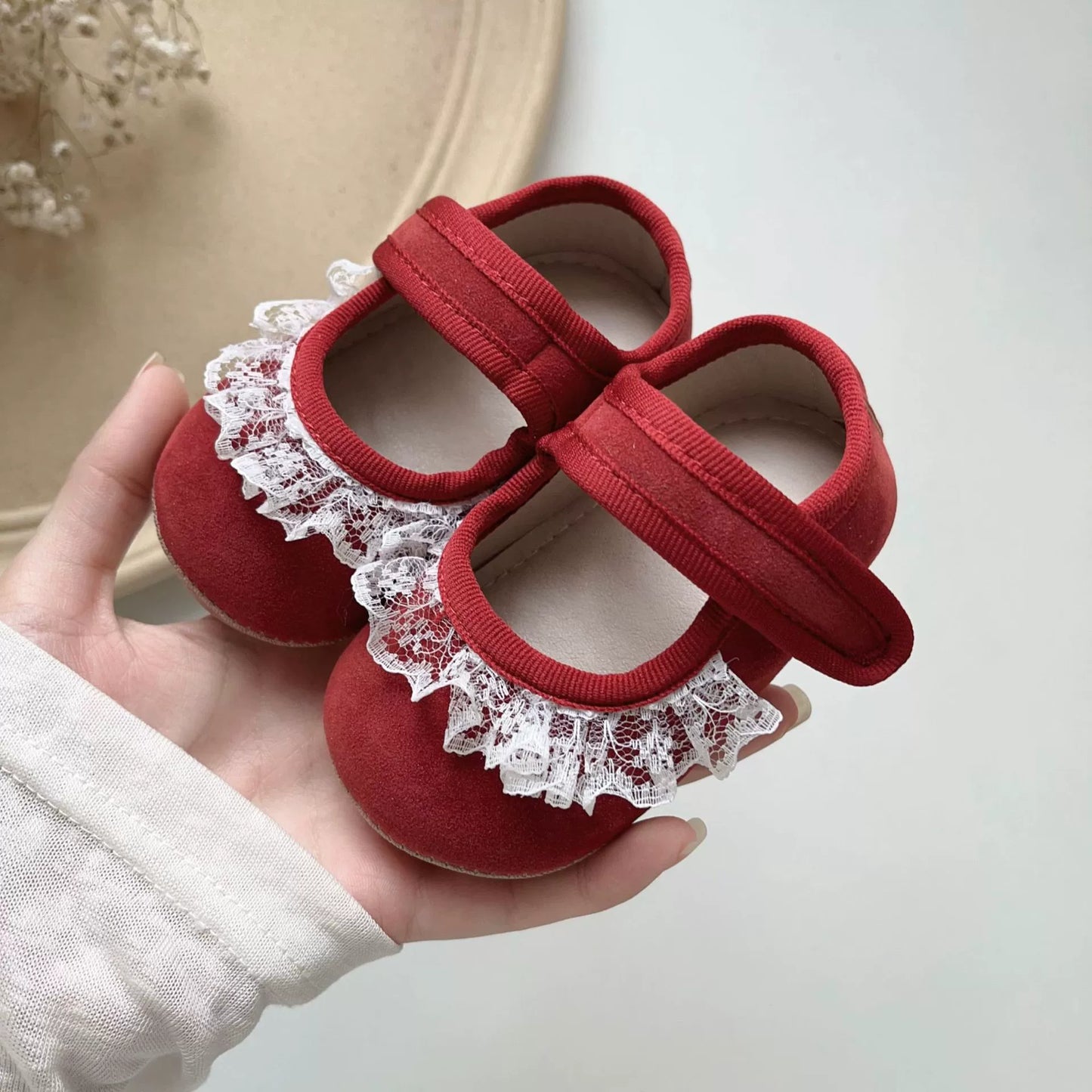 Spring and Autumn Baby Girl Fashion Lace Trim Decorated Toddler Soft-Sole Anti-slip Walking Shoes