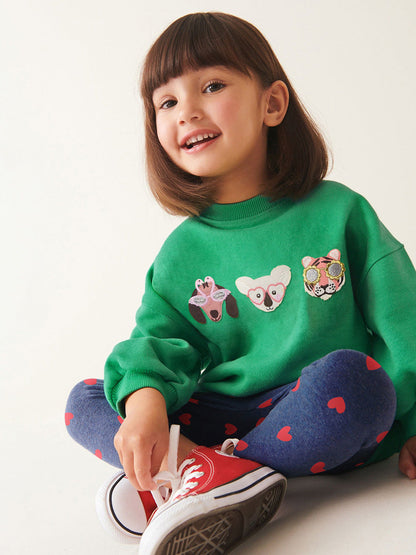 Spring And Autumn Girls Cartoon Animals Pattern Green Long Sleeves Top Sweatshirt And Heart Pattern Pants Clothing Set