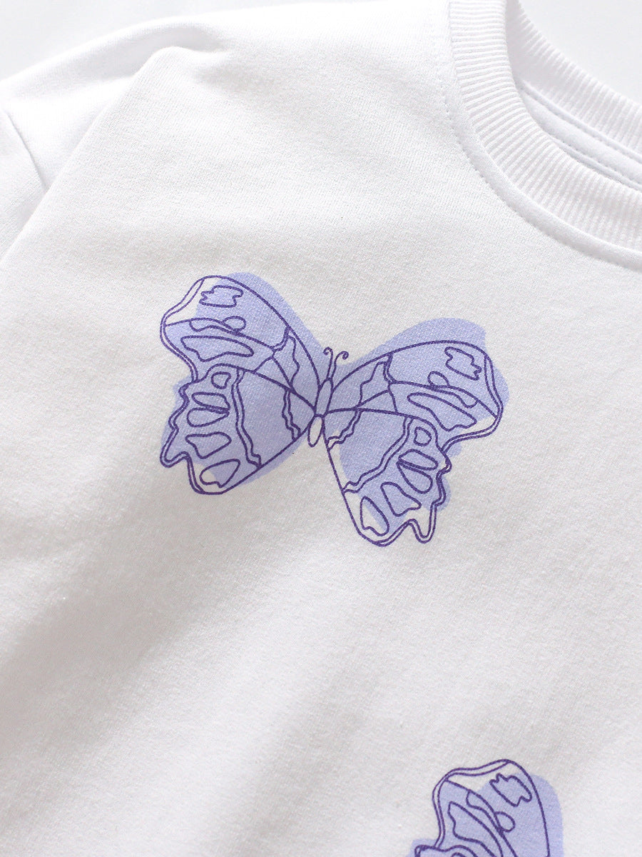 Autumn Baby Kids Girls Purple Butterfly Pattern White Pullover Clothing Long Sleeves Top Sweatshirt