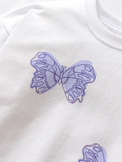 Autumn Baby Kids Girls Purple Butterfly Pattern White Pullover Clothing Long Sleeves Top Sweatshirt