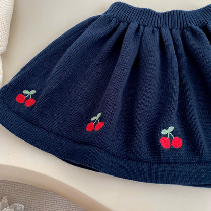 Spring and Autumn Kids Girls Cherry Embroidered Pattern Long Sleeves Knitted Cardigan and Skirt Clothing Set