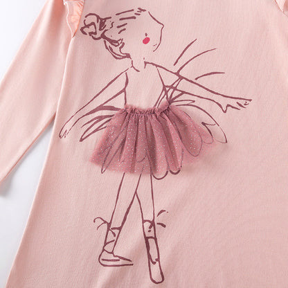 Autumn and Spring Arrival Tulle Decorated Fairy Cartoon Pattern Long Sleeves Dress for Stylish Girls