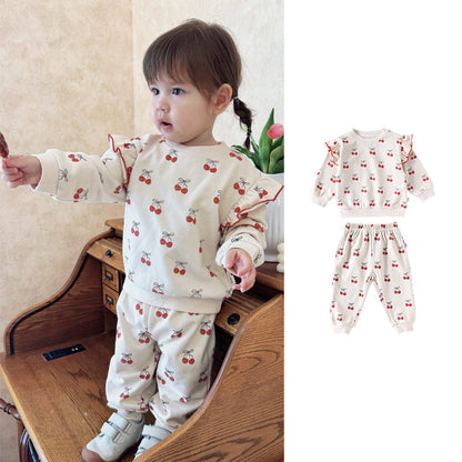 Spring and Autumn Girls Cherry Pattern Long Sleeves Top and Pants Clothing Set