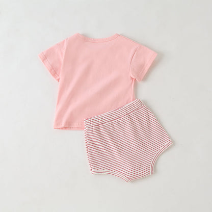 Baby Girl Fruit Pattern Short Sleeve Tops Combo Striped Graphic Triangle Shorts 1 Pieces Sets