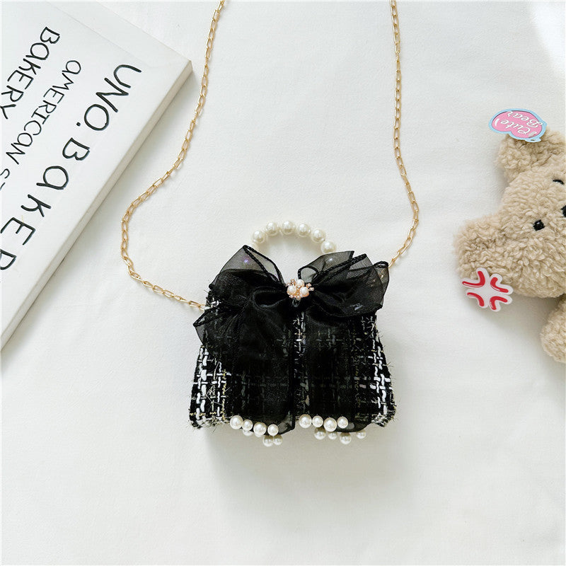 Fashionable Plaid Carry-On Girls’ Portable Mesh Bow Beaded Crossbody Handbag