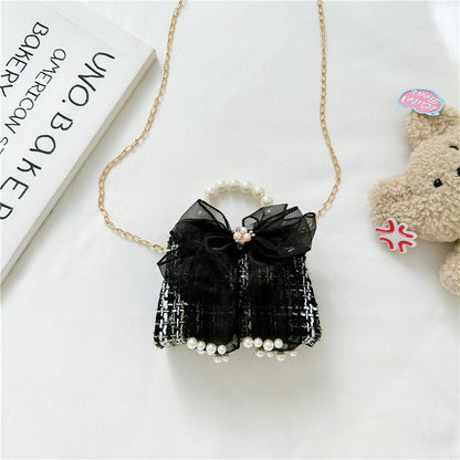 Fashionable Plaid Carry-On Girls’ Portable Mesh Bow Beaded Crossbody Handbag