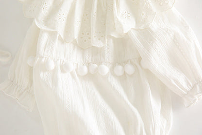Baby Girl Solid Color Hollow Carved Pattern Ruffle Neck Onesies