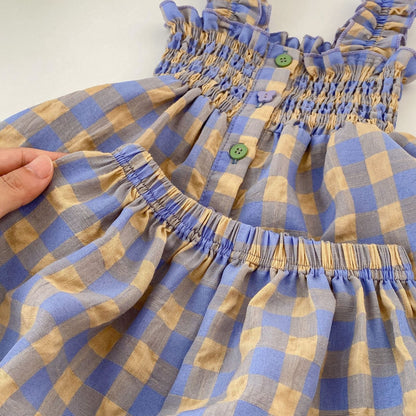 Baby Plaid Pattern Sling Blouses With Shorts Summer Sets
