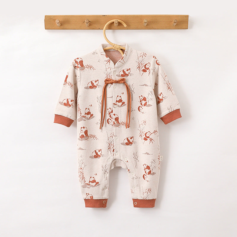 Autumn and Spring Arrival Baby Unisex Chinese Painting Pattern Long Sleeves Stand Collar Single Breasted Rompers