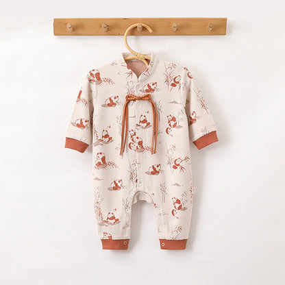 Autumn and Spring Arrival Baby Unisex Chinese Painting Pattern Long Sleeves Stand Collar Single Breasted Rompers