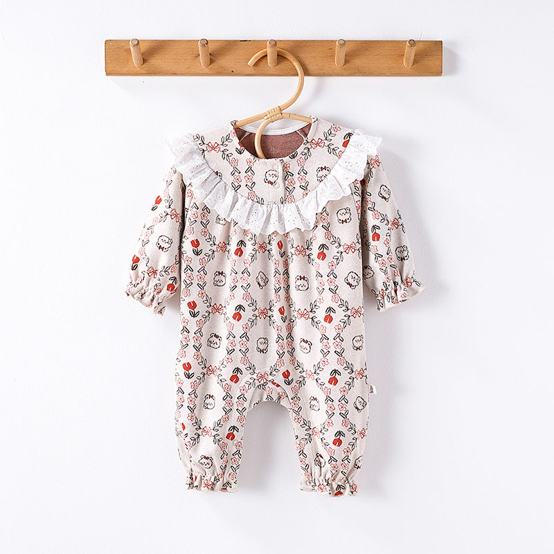 Autumn and Spring Arrival Baby Girls Simple Floral Pattern Long Sleeves Rompers
