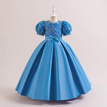 New Design Summer Baby Kids Girls Short Sleeves Glistening Sequin Festival Dress