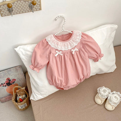 Spring Arrival Baby Girls Long Sleeves Floral Embroidered Collar Onesies Bodysuits