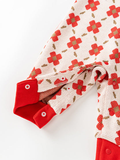 Spring Baby Girl Red Floral Knitted Home Clothes Crew Neck Romper