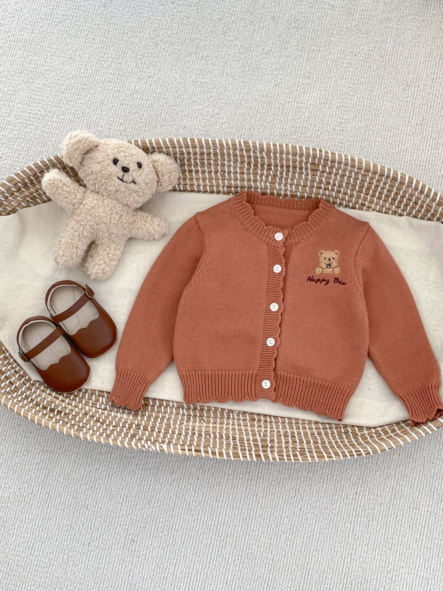 Children’s Knitted Teddy Bear And Wreath Cardigan For Spring – Boys And Girls Sweater For Baby Clothing
