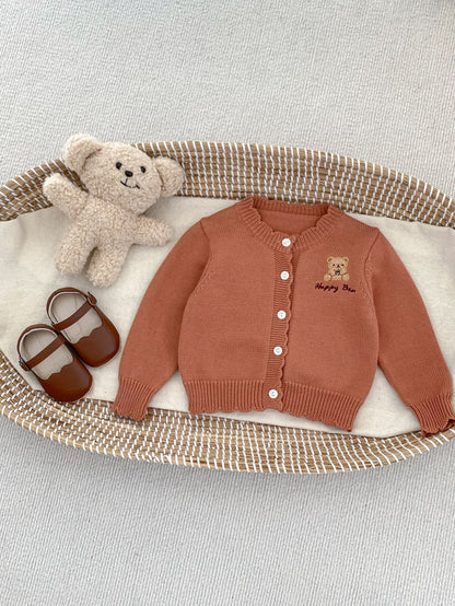 Children’s Knitted Teddy Bear And Wreath Cardigan For Spring – Boys And Girls Sweater For Baby Clothing