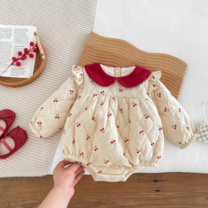 Newborn Baby Girls Cherry Pattern Long Sleeves Peter Pan Collar Cotton-Padded Onesie
