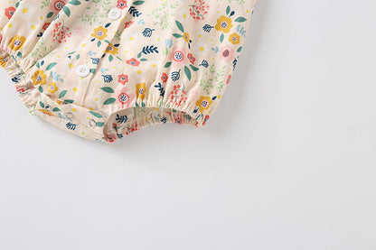 Baby Girl Froral Print Pattern Shirt With Double Collar Design Short Sleeved Onesies