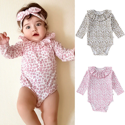 Arrival Baby Unisex Long Sleeves Cute Leopard Pattern Onesies with Collar-0