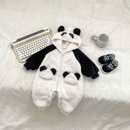 Autumn and Winter Arrival Baby Unisex Simple Panda Pattern Long Sleeves Cozy Rompers-1