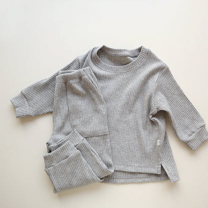 Spring and Autumn Kids Unisex Casual Solid Color Long Sleeves Striped Top and Pants Knitted Clothing Set