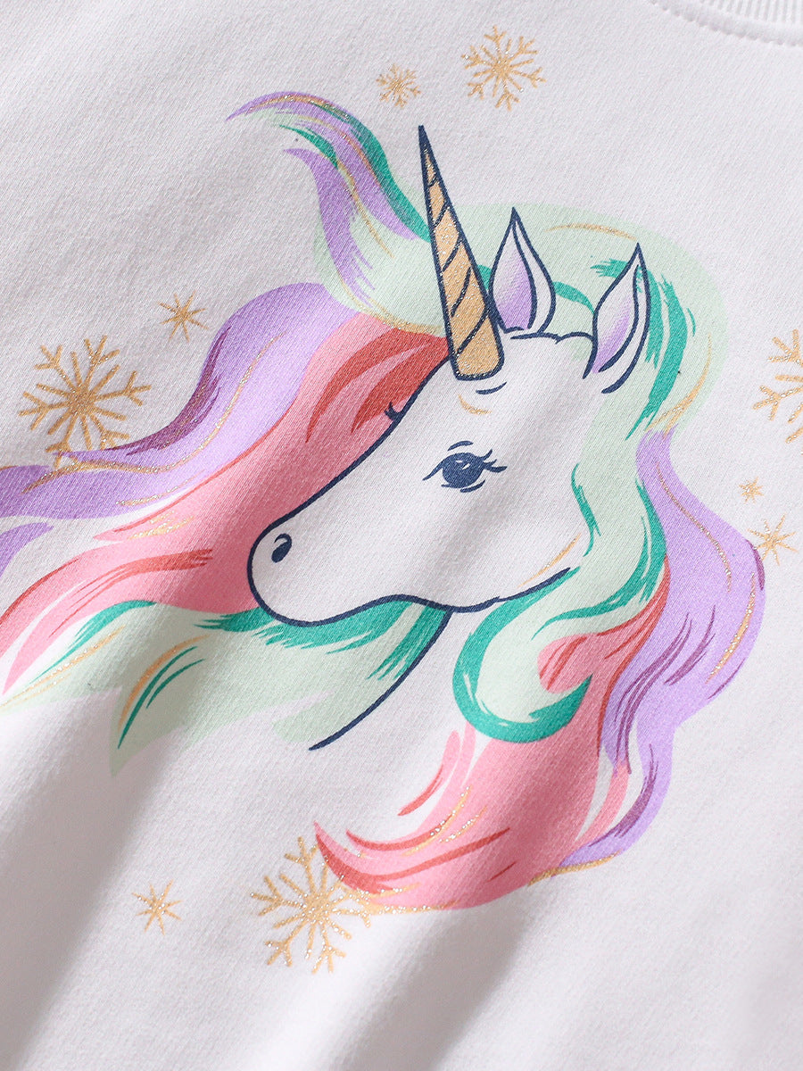 Spring And Autumn Girls Cartoon Unicorn Pattern Long Sleeves Crew Neck Top Sweatshirt And Pants Clothing Set