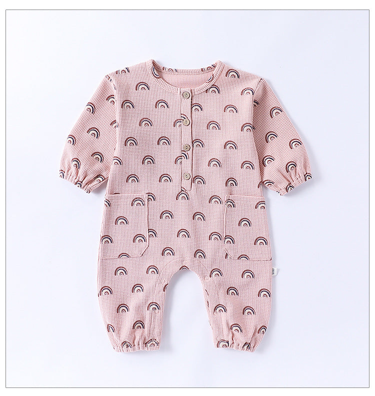 Spring Arrival Baby Unisex Long Sleeves Waffle Grid and Simple Pattern Rompers