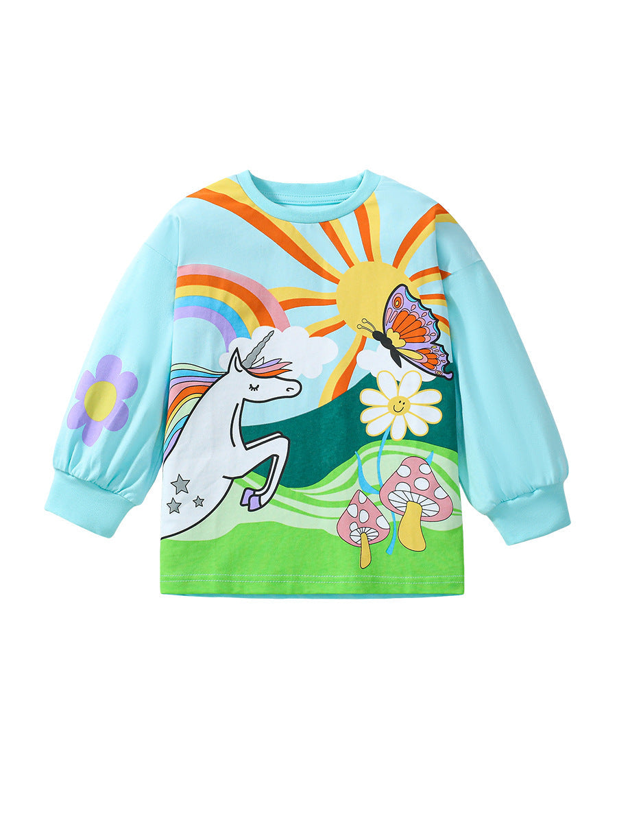 Arrival Autumn Girls’ Vivid Unicorn Cartoon Long Sleeves T-shirt in European and American Style-0