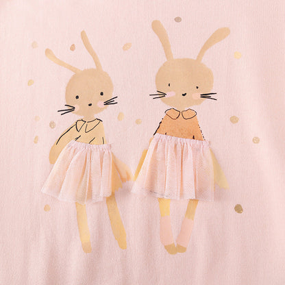 Spring and Autumn Girls Rabbits Cartoon Pattern Long Sleeves Sweatshirt and White Pants Clothing Set
