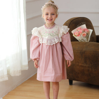 Design Autumn Girls Flowers Embroidery Pattern Long Sleeves French Style Lace Trim Dress