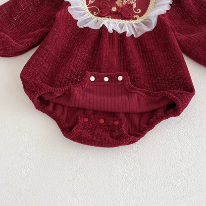Autumn Arrival Baby Girls Long Sleeves Vintage Flowers Pattern Red Onesies