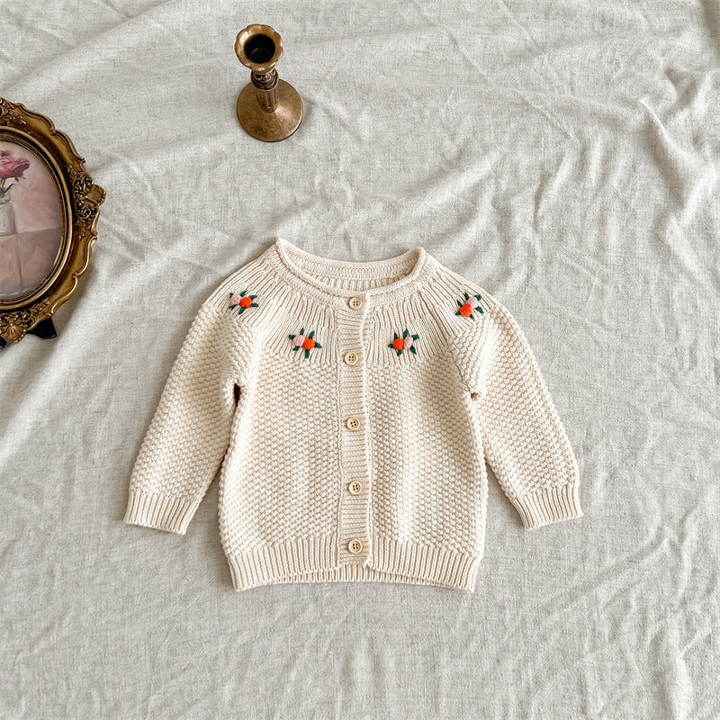 Autumn Arrival Baby Kids Girls Comfortable Flowers Embroiedery Pattern Knitted Long Sleeves Cardigan