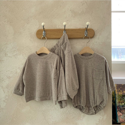 Spring Baby And Kids Unisex Solid Color Pullover Top With Pocket And Pants  Clothing Set