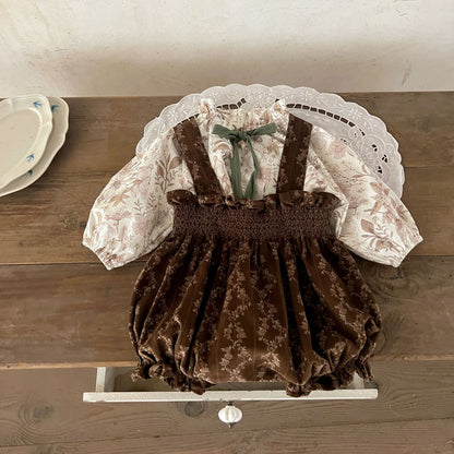 Arrival Autumn Baby Girls Vine Print Bow-Tied Long Sleeves Top And Vintage Strap Overalls Clothing Set-3