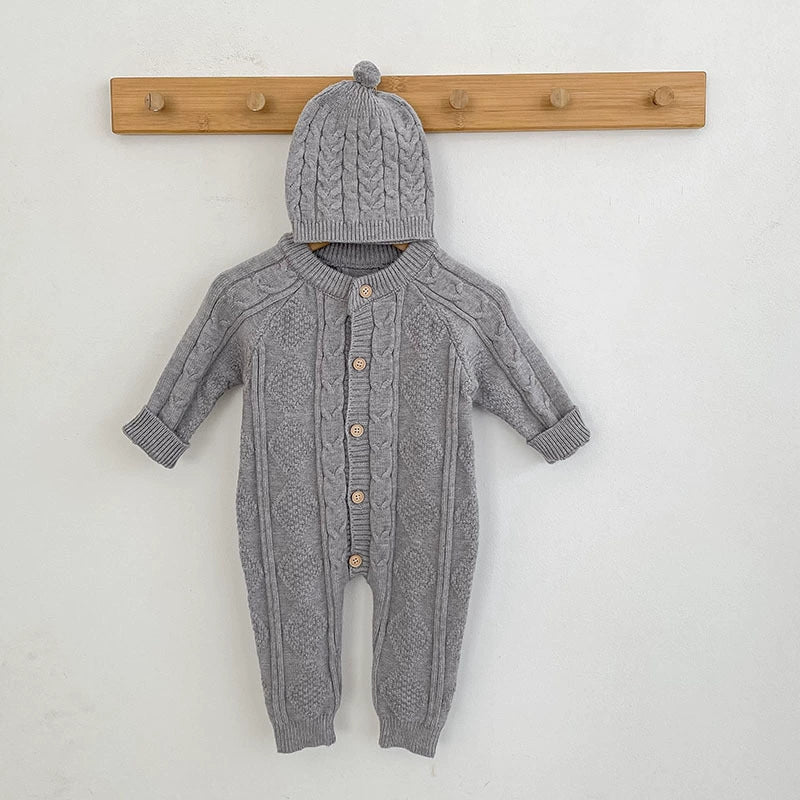 Autumn Arrival Unisex Baby’s Solid Color Geometric Jacquard Pattern Knitted Rompers