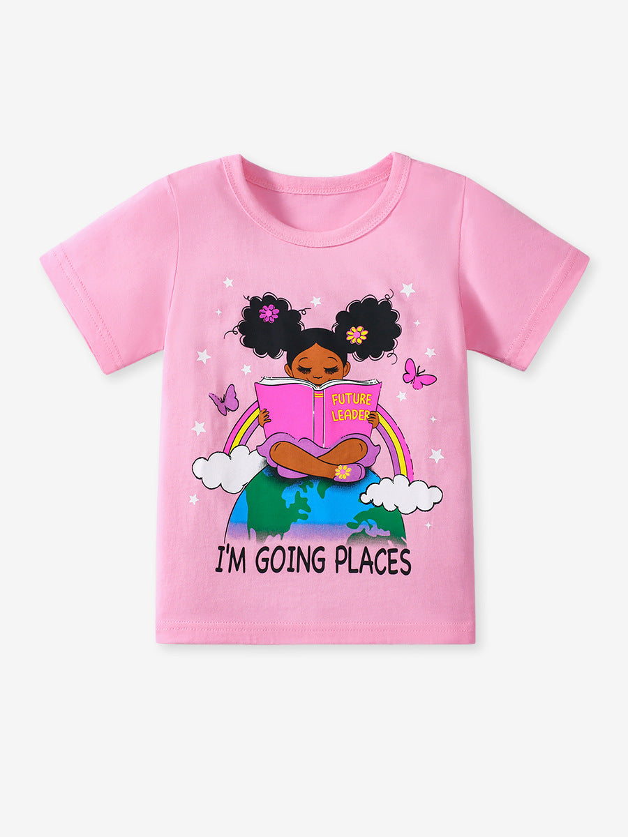 Kids’ Mermaid Cartoon Pattern Short Sleeves T-shirt in European and American Style for Summer