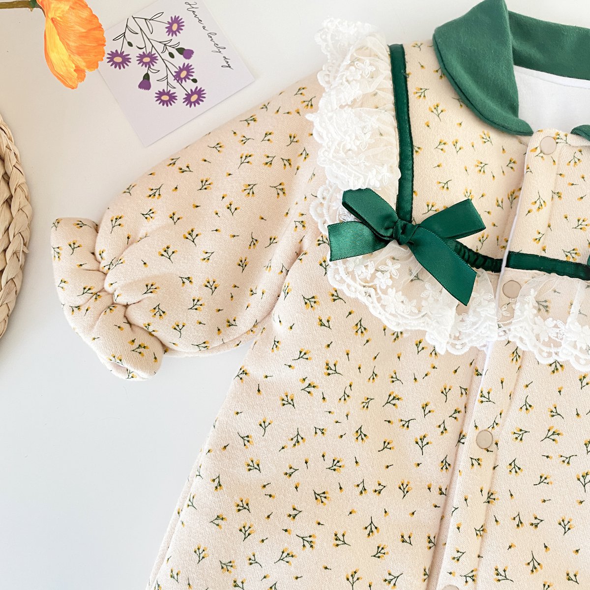 Baby Girl Flower Print Mesh Patchwork Fleece Thickened Romper