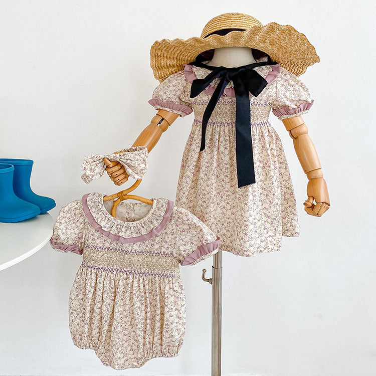 Baby Girl Ditsy Flower Ruffle Neck Dress Onesies In Summer-2