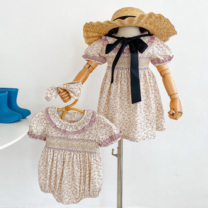 Baby Girl Ditsy Flower Ruffle Neck Dress Onesies In Summer-2