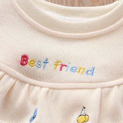 Baby Girl Fruit Embroidered Graphic Ruffle Design Corduroy Fabric Pullover Cute Hoodies