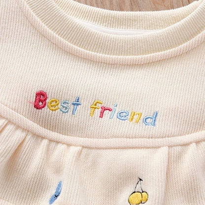 Baby Girl Fruit Embroidered Graphic Ruffle Design Corduroy Fabric Pullover Cute Hoodies
