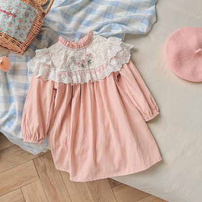 Arrival Autumn Girls Floral Embroidery Pattern Long Sleeves Ruffle Neck Dress