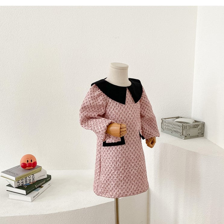 Arrival Autumn Girls French Fashion Argyle Pattern Long Sleeves Dress with Collar